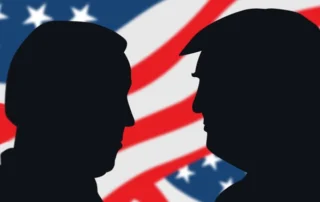 face-to-face silhouettes of Biden & Trump